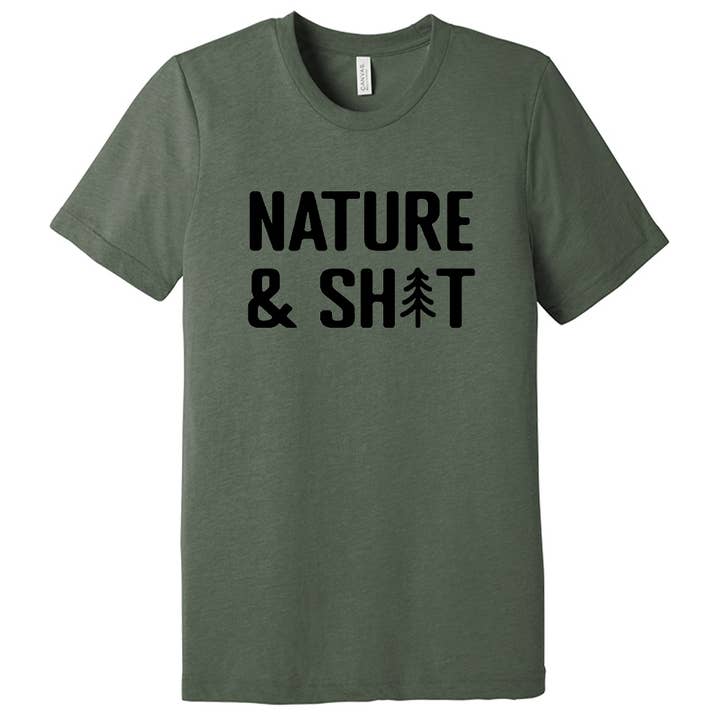 Unisex Nature & Shit Tee (Militærgrøn Triblend) for engroshandel hos Lucky Monkey