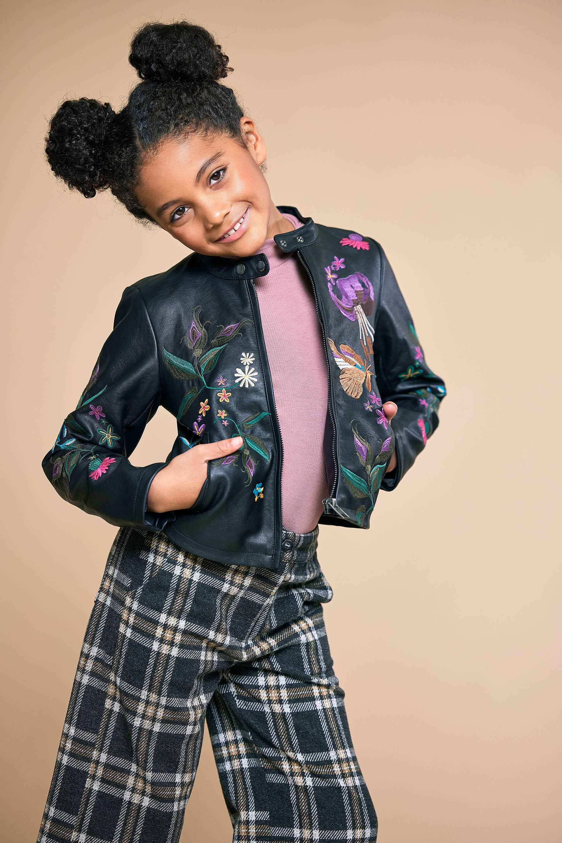 Black Faux Leadther Moto Jacket W/Embroidery Detail for wholesale on Faire2