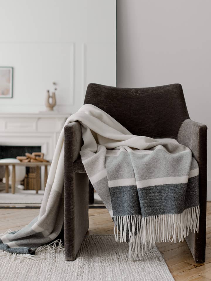 Manhattan Wool Throw - White, Otter Beige with Grey Stripes for wholesale by Linen Way Inc.