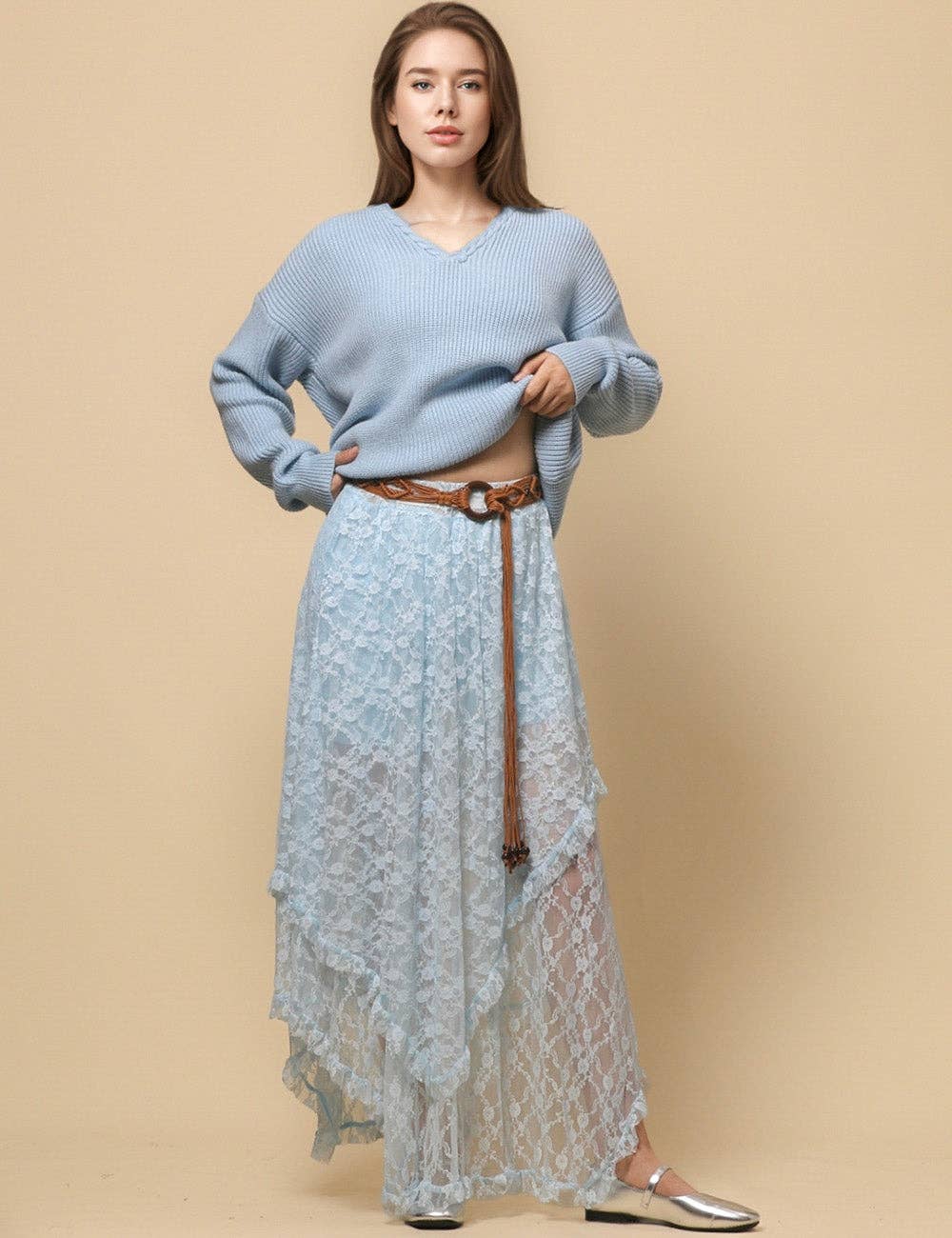 Sweetkama - Vente Jupe – femme - Jupe mi-longue en dentelle florale de couleur unie pour femmes SKS480119