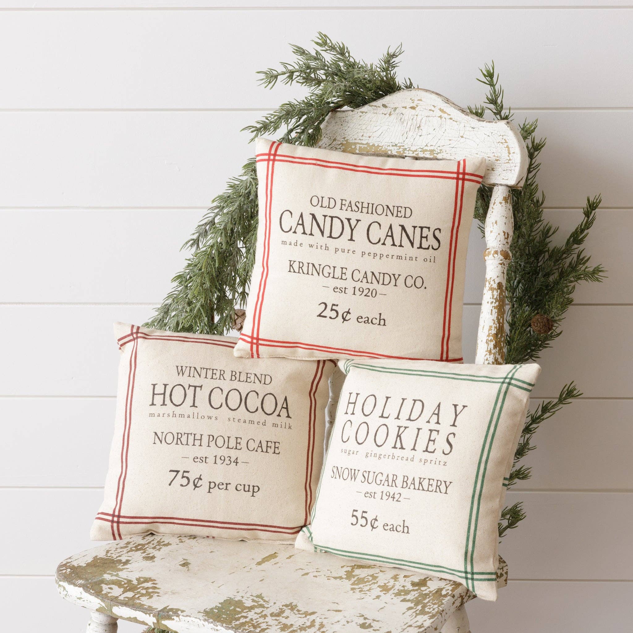 Audrey's Home & Gift - Wholesale Throw/Decorative Pillow - Grain Sack Pillows - Hot Cocoa, Candy Canes, Cookies1