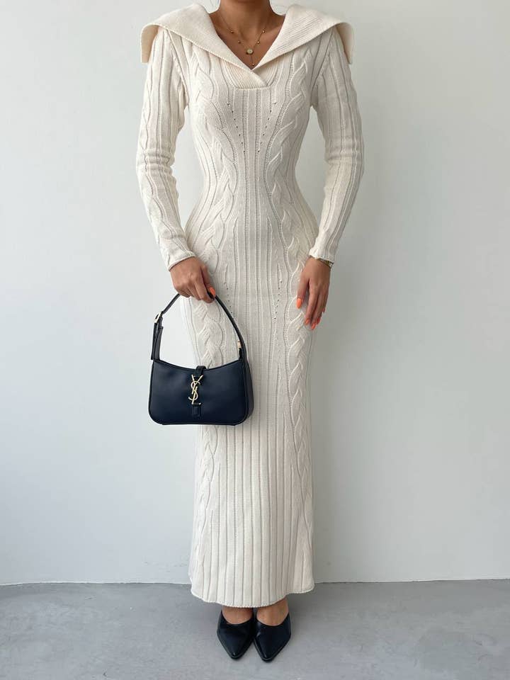 Design company-Fatma Balkir - Wholesale Dress - Women's - Wide Collar Cable Knit Long Slim Dress – Fitted Tricot dress0