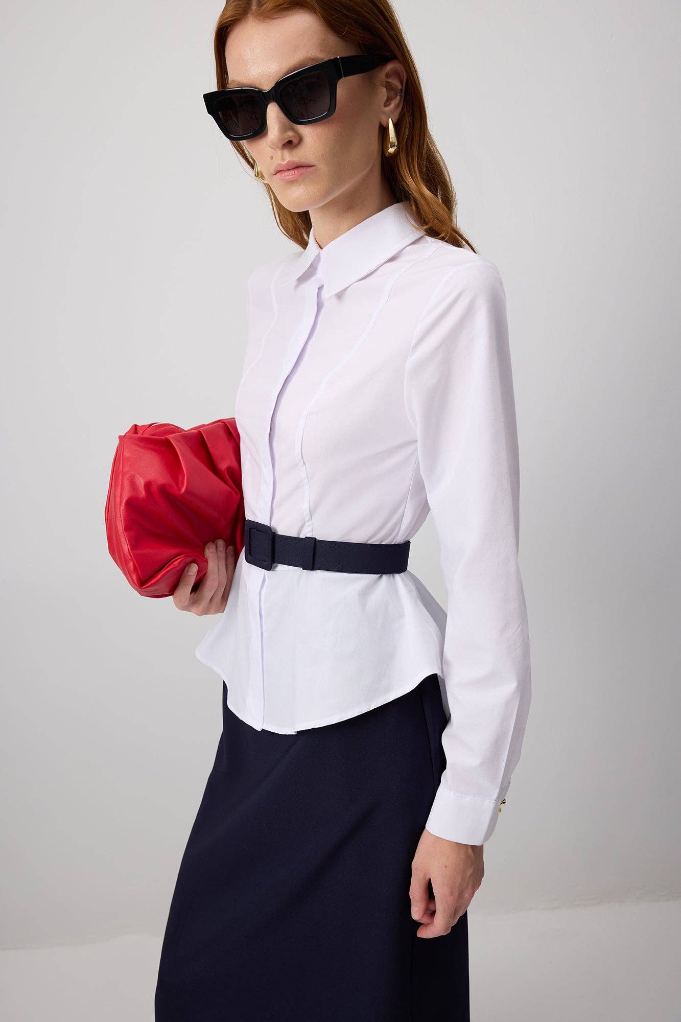 Navy Blue Belted White Poplin Shirt Dress with Pleated Hem  for wholesale on Faire1