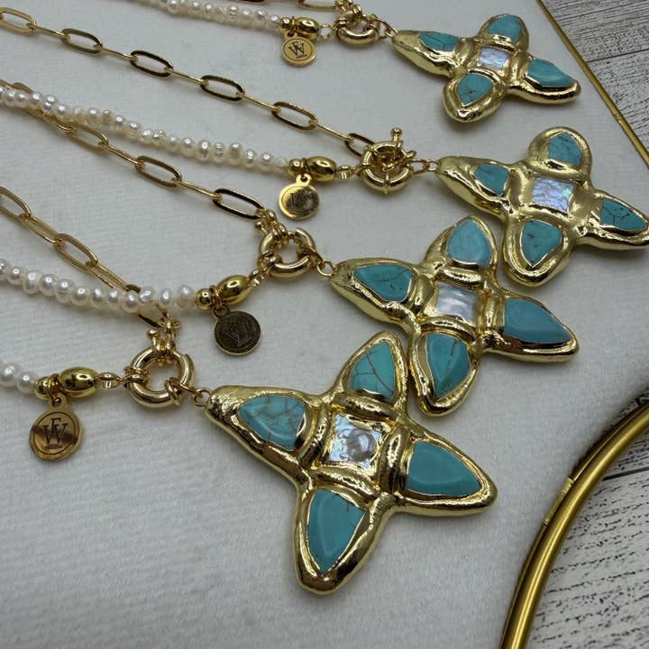 Half and Half Necklace with Turquoise and Pearl Cross Pendant | Erika Williner Designs for wholesale by Erika Williner Designs