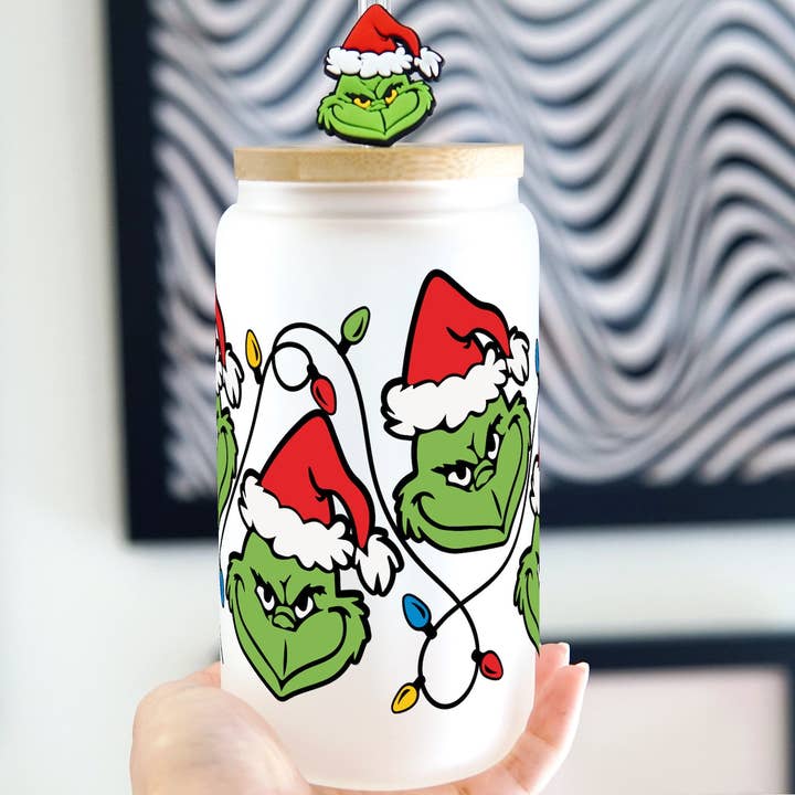 Sip-Sip Hooray! - Wholesale Drinking Glass/Cup - Grinch Inspired Christmas Lights 16oz Glass Can Cup with Lid and Straw