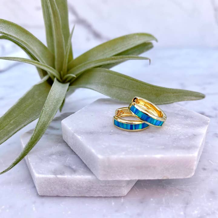 minor metal jewelry - Wholesale Huggie Earrings - blue opal inlay huggies