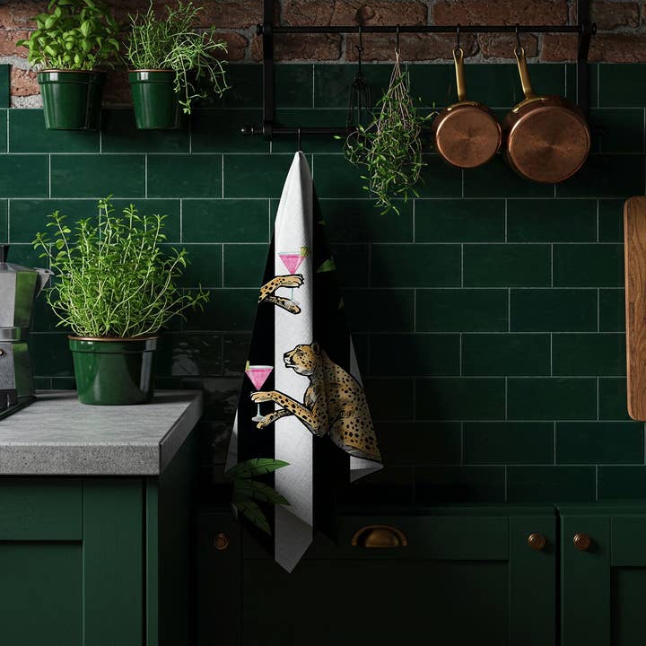 Queen K - Wholesale Tea towel - Cocktail Cheetah Black & White Striped 100% Linen Tea Towel6