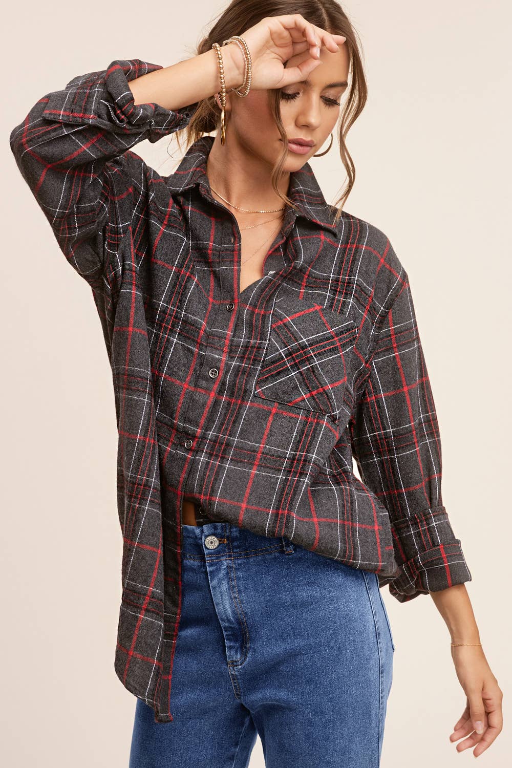 La Miel - Wholesale Button Down Shirt - Women's - SRT1312-Loose Fit Button Down Soft Fabric Plaid Shirts19