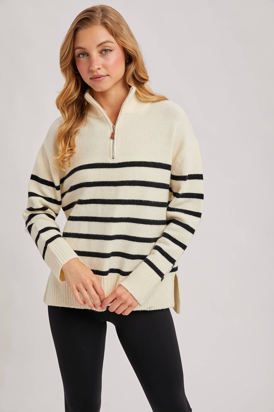 Bluivy - Wholesale Knit Sweater - Women's - QUARTER ZIP UP STRIPE SWEATER PULLOVER11