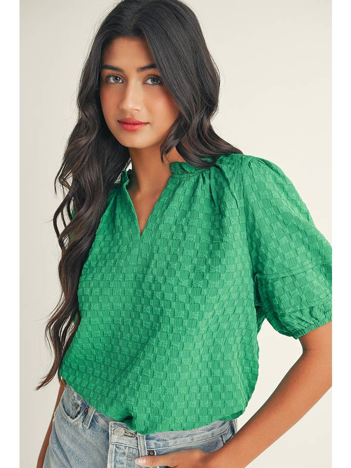 Bright Green LDC Textured Puff Short Sleeve Notched V Neck Top for wholesale on Faire