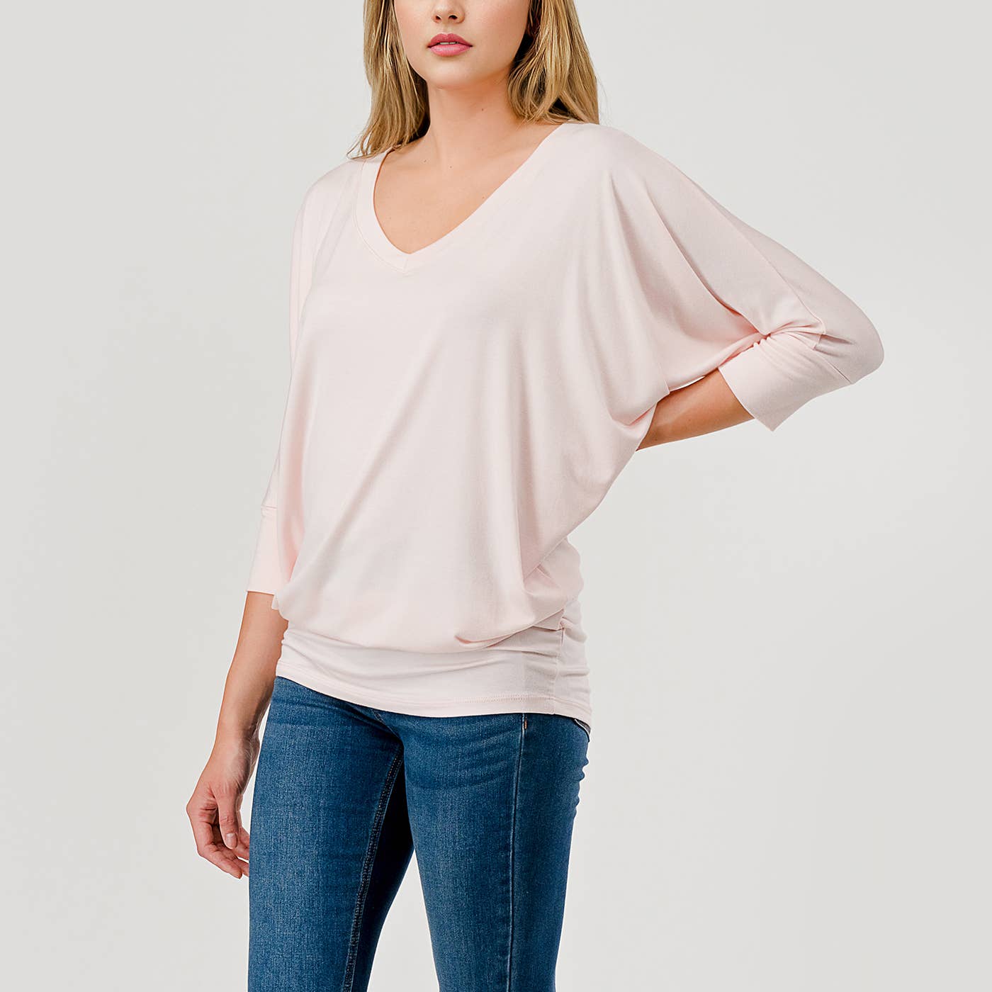 Heimious - Wholesale Knit Top - Women's - 3/4 Dolman Sleeve V-neck Modal Jersey Top, 257376