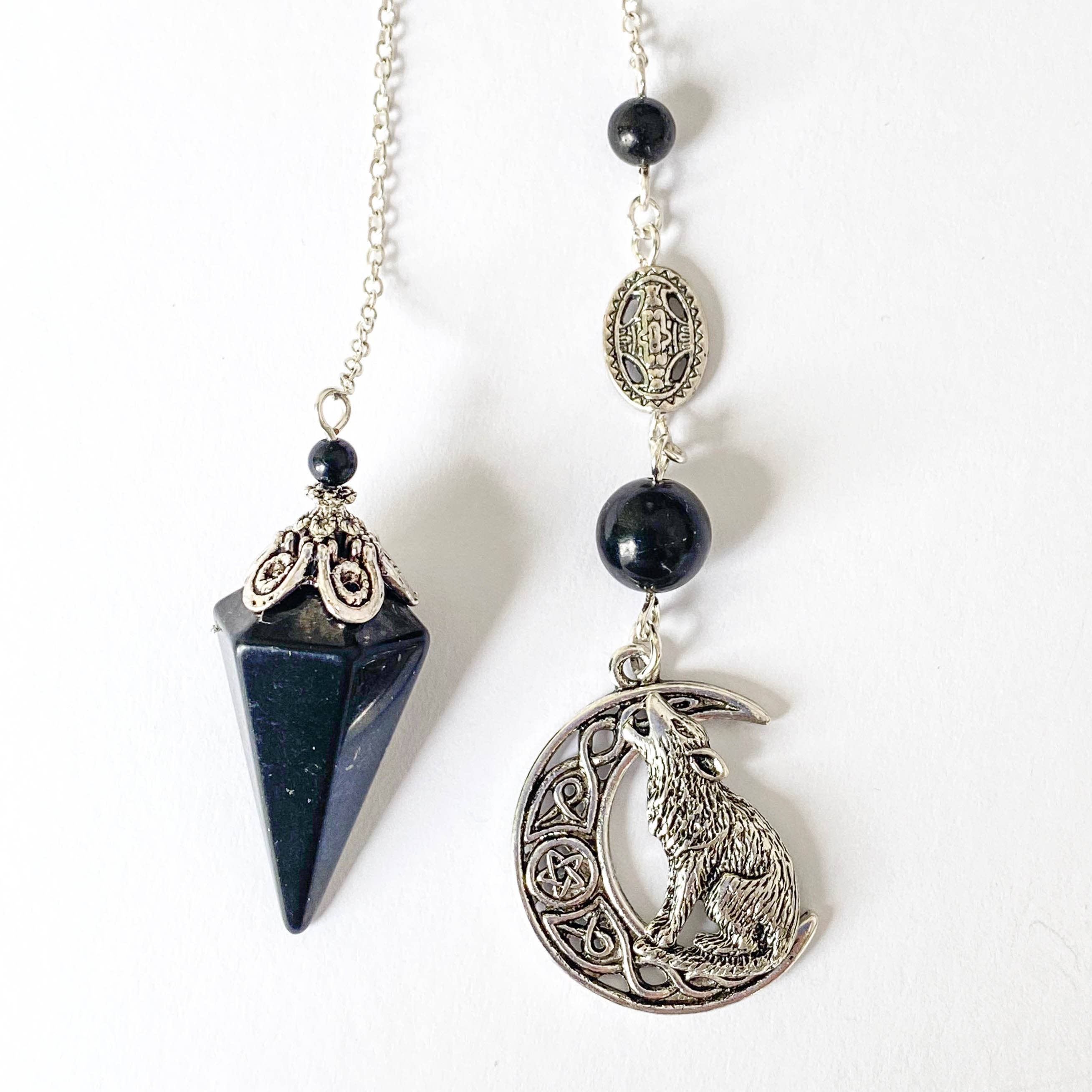 Glorious Healing Crystals - Venta al por mayor Artículo de meditación - Péndulo de shungita con lobo aullando en luna celta, péndulo7