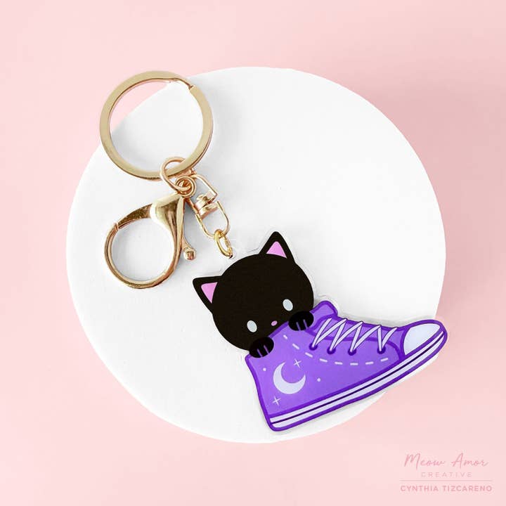 Purple Sneaker Cat Acrylic Charm for wholesale by Meow Amor Creative