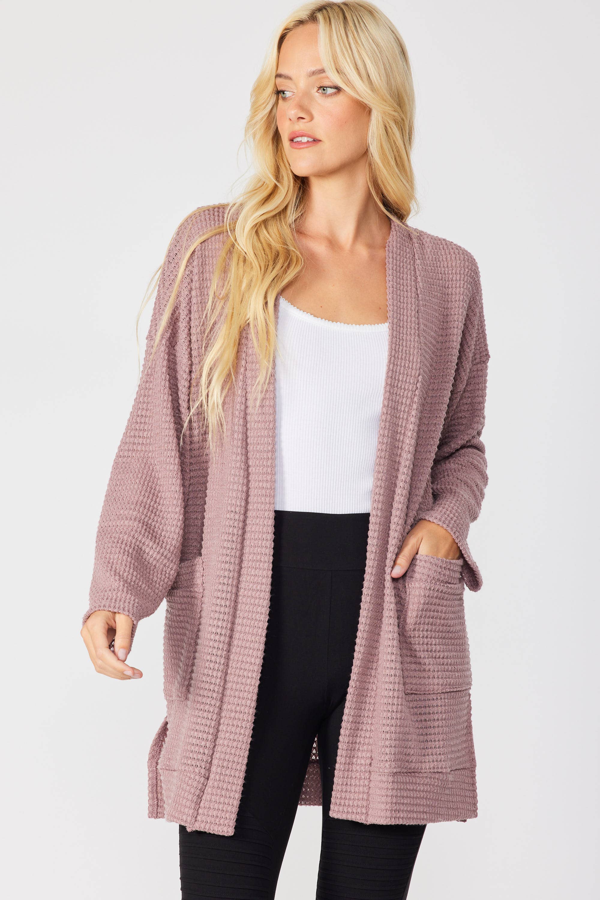 FSL Apparel - Wholesale Cardigan - Women's - SJ1005 - WAFFLE KNIT OPEN FRONT CARDIGAN WITH POCKETS12