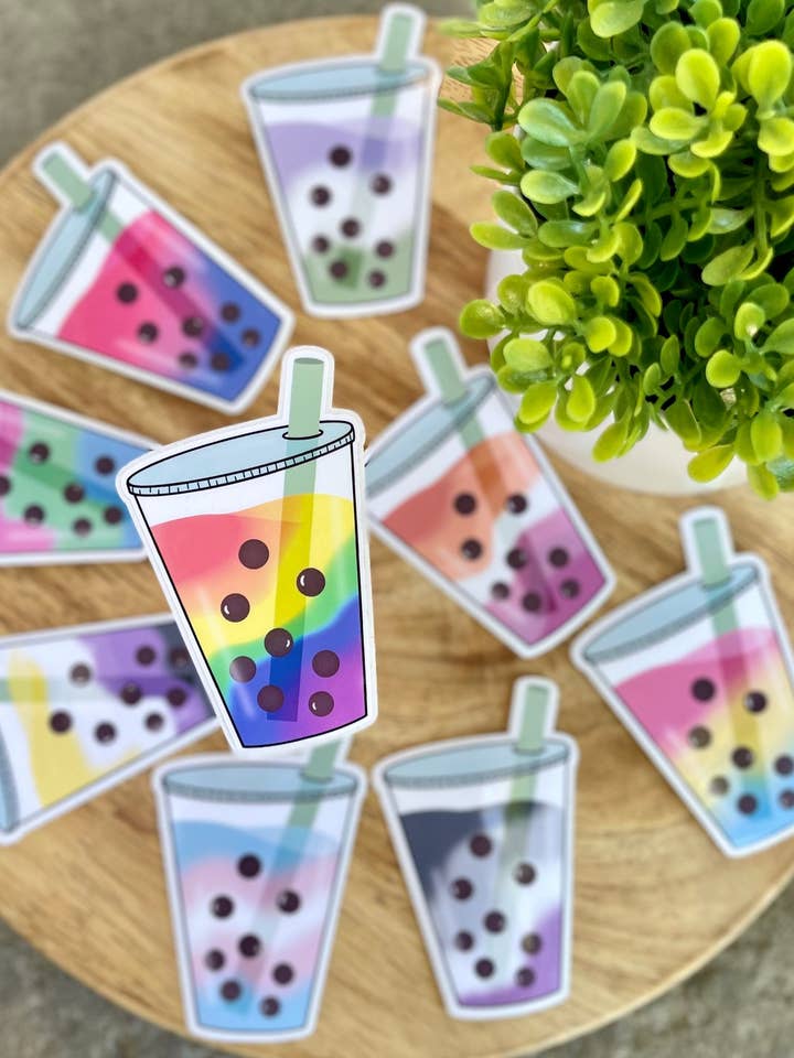 Pride Boba Stickers, LGBTQ+ Stickers, Boba Tea Stickers, Bubble Tea Stickers, Pride Flag Stickers for wholesale by Wild Moon Crafted