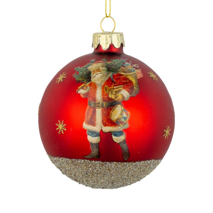 Silver Tree Home & Holiday - Wholesale Ornament - G74290: Gls ball orn,mat dk rd,Santa,gld star,base,80mm/3in