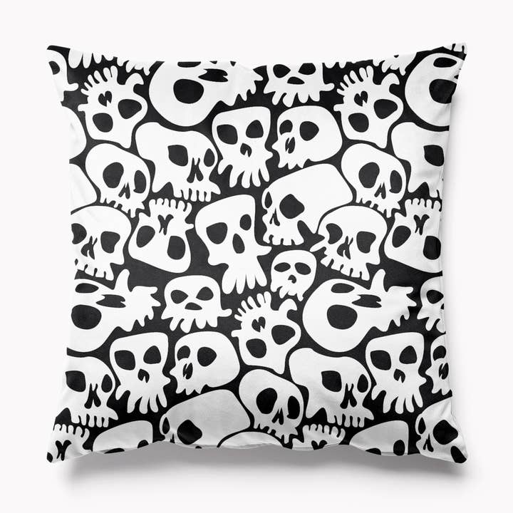 Skulls Black and White Velvet Halloween Cushion for wholesale by Kitsch Republic