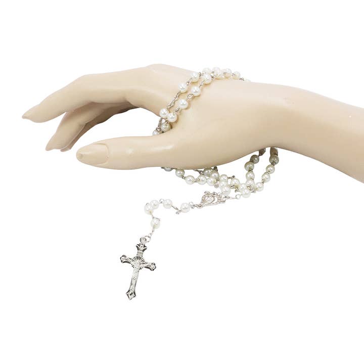 AS SHOWN True Cross White Prayer Beads Rosary Necklace for wholesale on Faire6