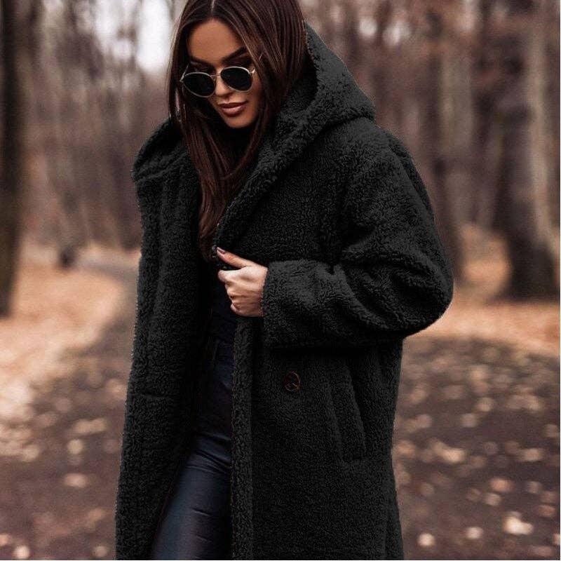 FurDecoration - Vente Manteau en fourrure/fausse fourrure – femme - Manteau long à capuche en peluche uni tendance0