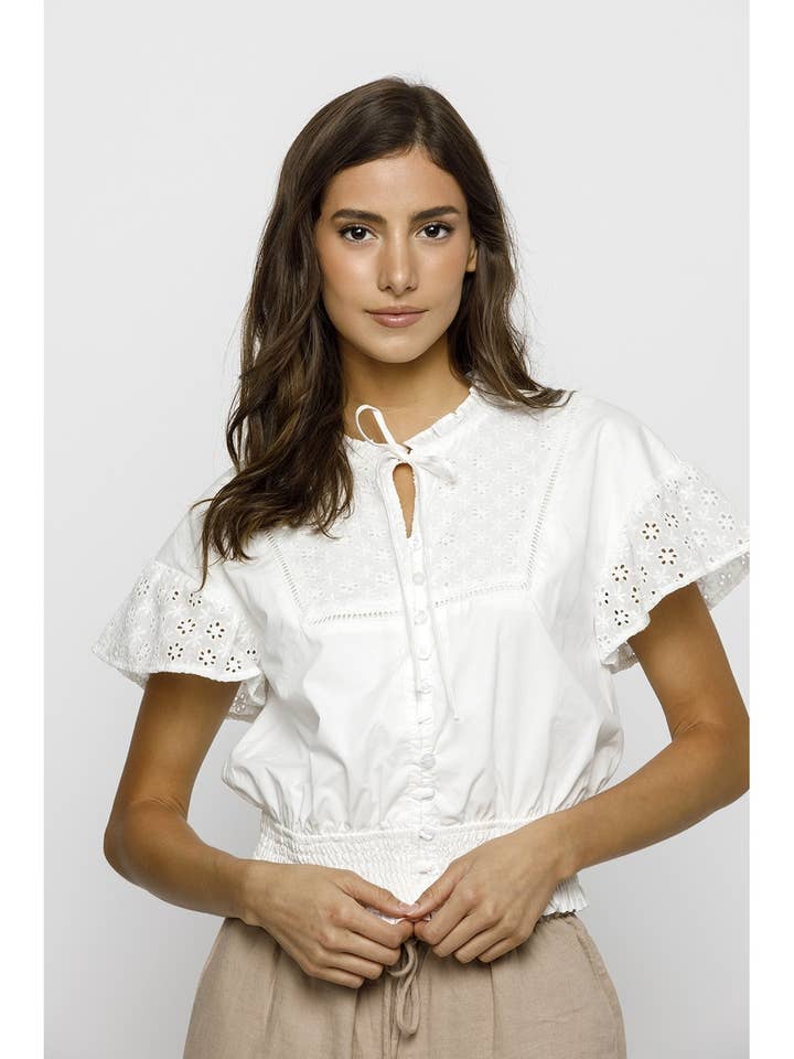JT5975 - WHITE EYELET BLOUSE TOP for wholesale by STORIA