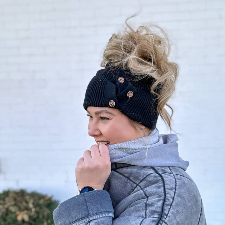 Red Sprite Hats - Wholesale Beanie - Women's - Button Up Beanie, Hidden Messy Bun Ponytail Winter Hat1