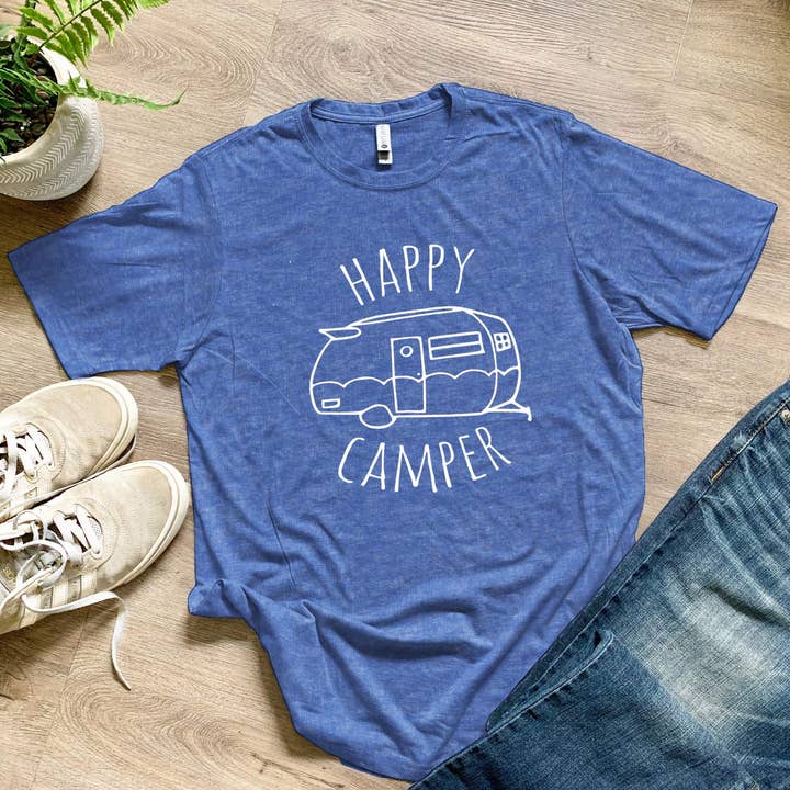 Moonlight Makers - Wholesale Screen Printed T-Shirt - Men's - Happy Camper - Men's Tee - Vintage, Airstream, RV