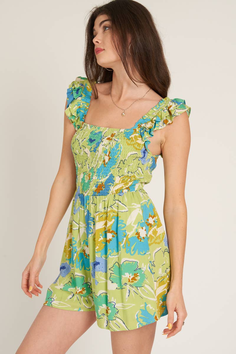 BLEU LIME MULTI Barboteuse smockée sans manches en vente sur Faire3