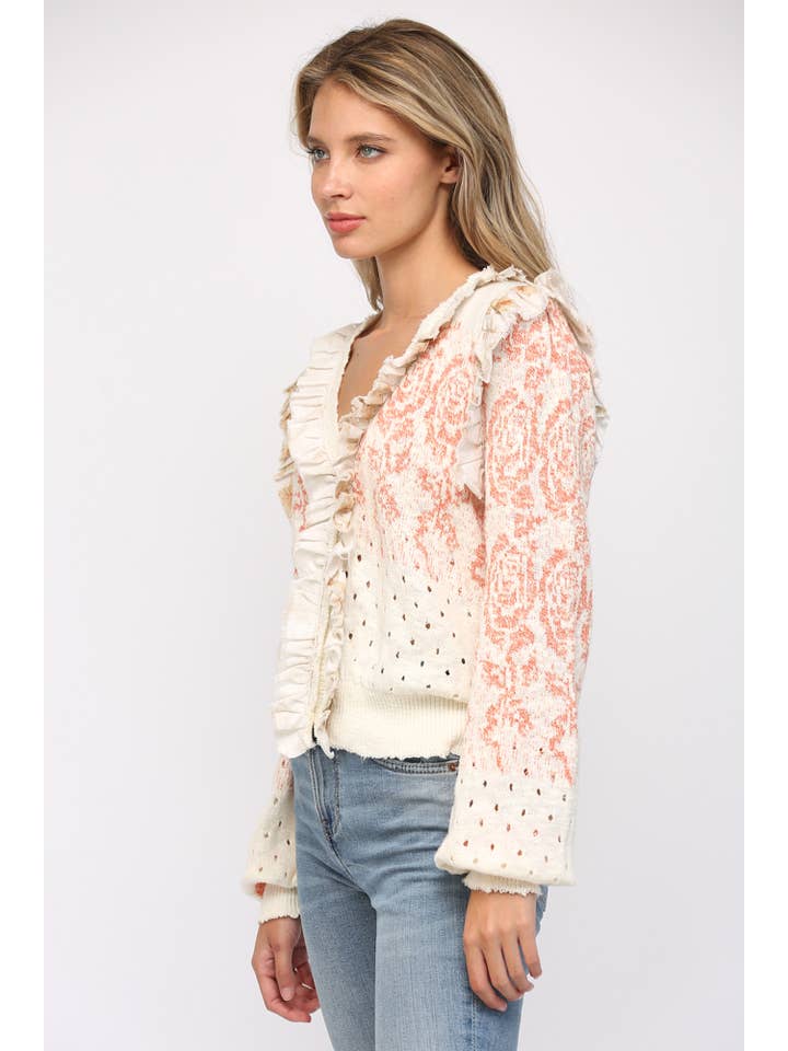 IVORY CORAL YELLOW RUFFLE TRIMMED FRONT BUTTON CLOSURE CARDIGAN FW15099 for wholesale on Faire
