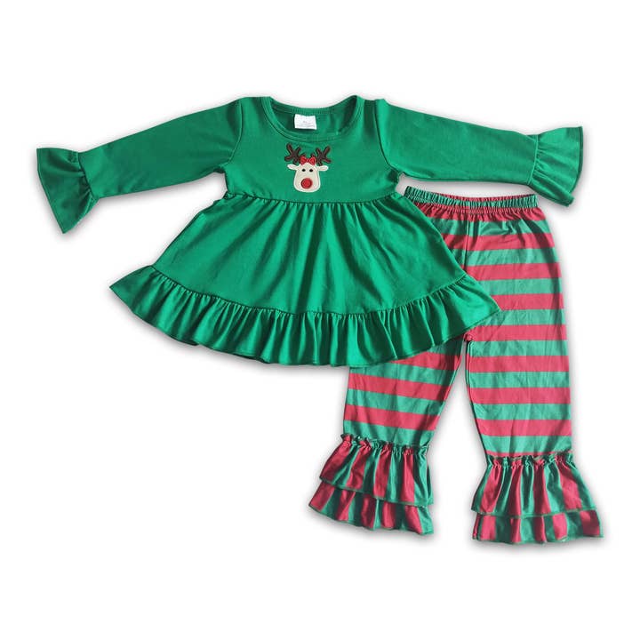 Reindeer embroidery tunic stripe pants kids girls Christmas clothes for wholesale by Yawoo Garments