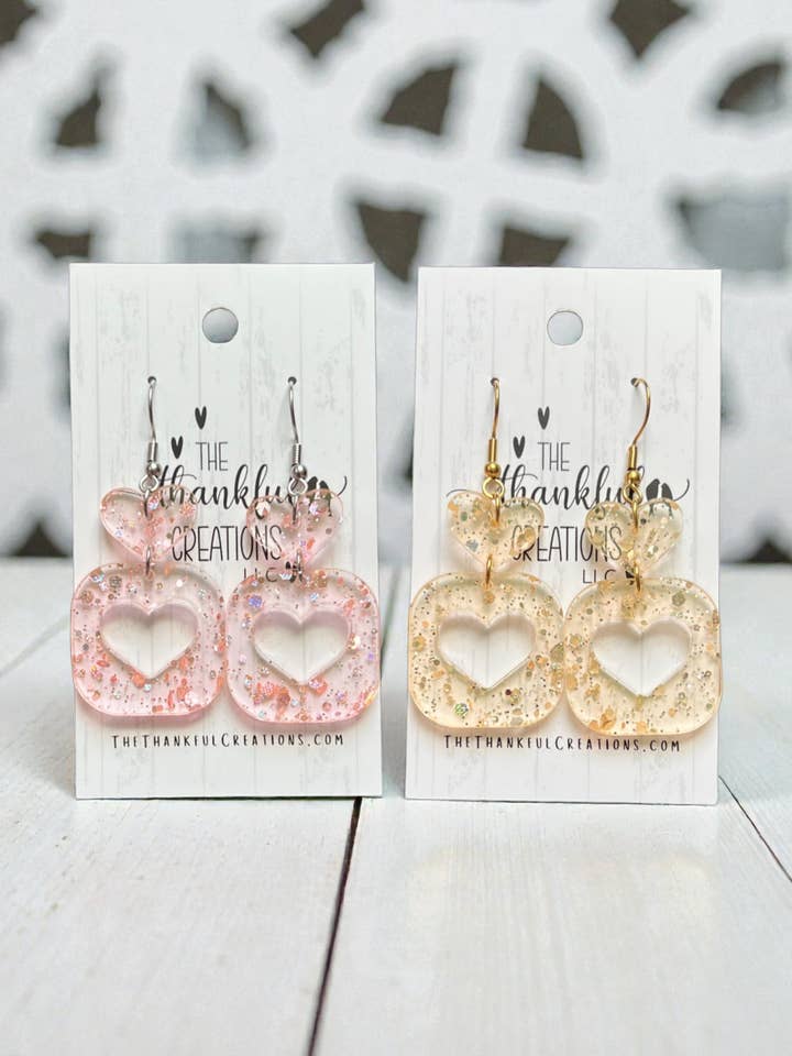 Gold or Pink Glitter Heart Earrings Handmade Valentines Day for wholesale by The Thankful Creations LLC