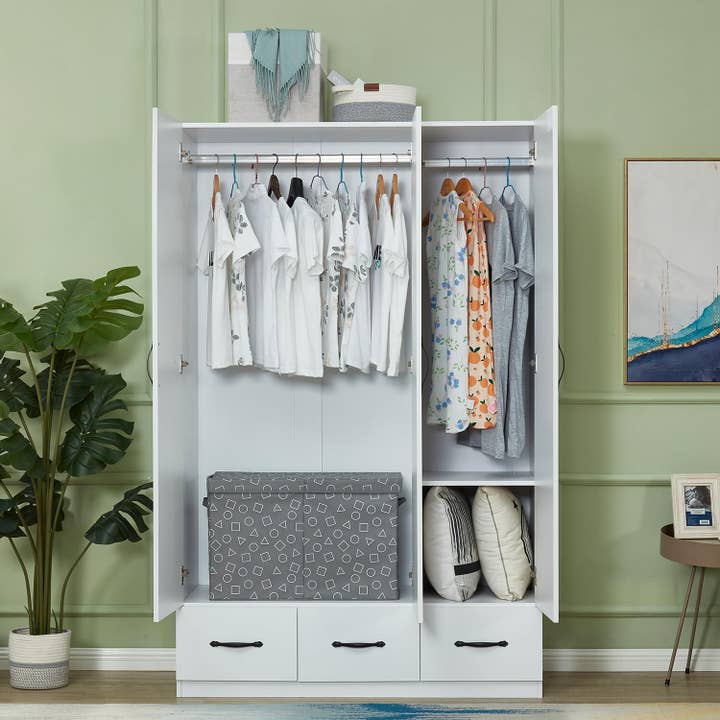 Livelylodge - Wholesale Bedroom Furniture - Wood 3 Door Armoire Wardrobe with Mirror White3