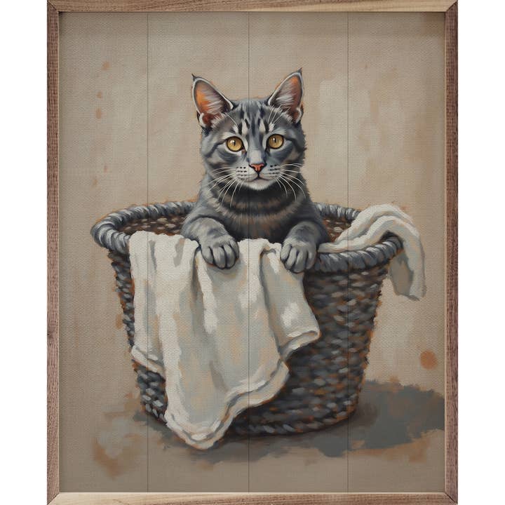 Kendrick Home - Wholesale Wood Wall Art - Gray Cat In Laundry Basket