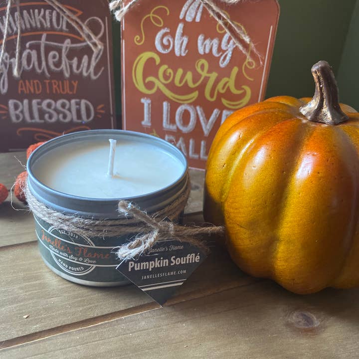 Pumpkin Soufflé Soy Candle with Labradorite & Prehnite for wholesale by Janelle’s Flame