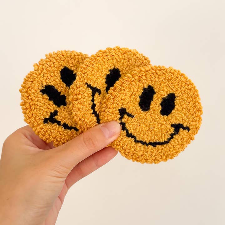 Weavey Studio - Wholesale Coasters - Weavey Studio, Smiley Face Yellow Punch Needle Cup Coaster3