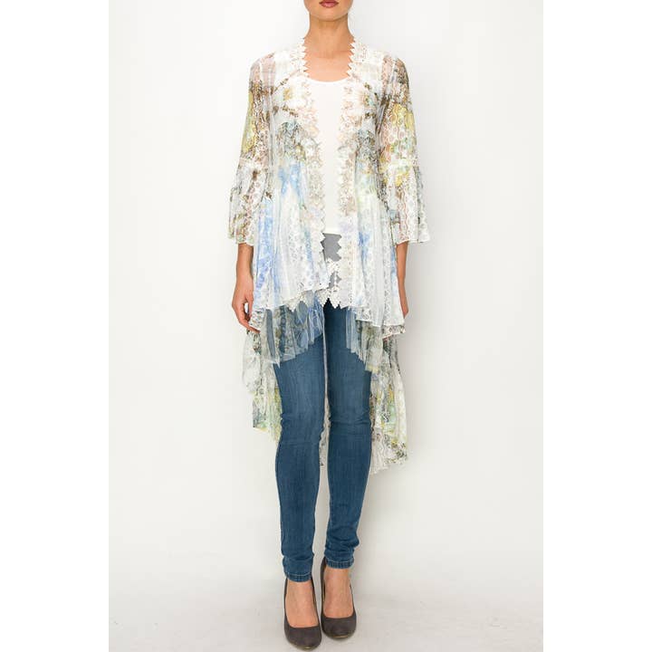 BOHEMISK HELSPETSLÅNG KOFTA MED HÖG-LÅG DESIGN-4508 IVORY/RENAISSANCE för wholesale av Origami Apparel ~ Lace and Crochet inspired