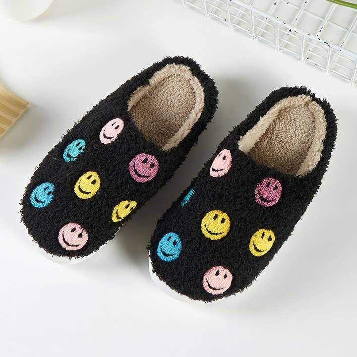 BLACK Colorful Smiley Terry Cloth Fuzzy Fleece Slippers for wholesale on Faire