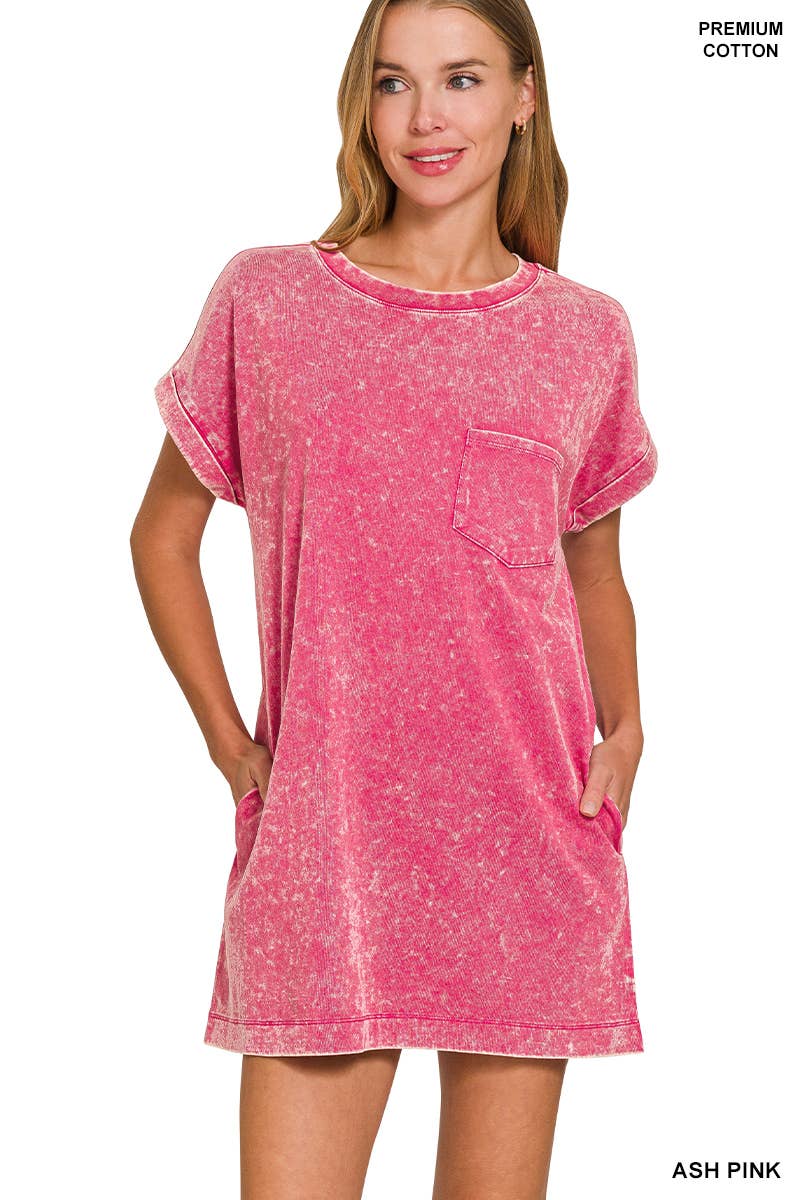 42POPS - Wholesale Dress - Women's - 'Cotton Washed T-shirts Dress w/ Side Pockets1