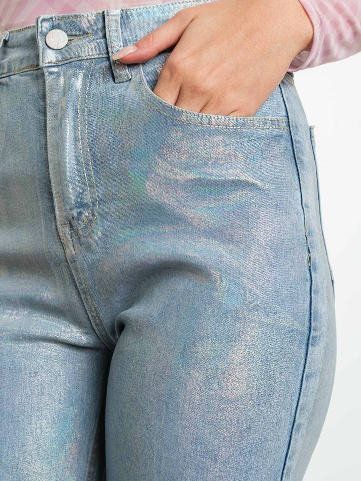 IP3050 iriserende metalen stretchspijkerbroek voor wholesale door KIWI