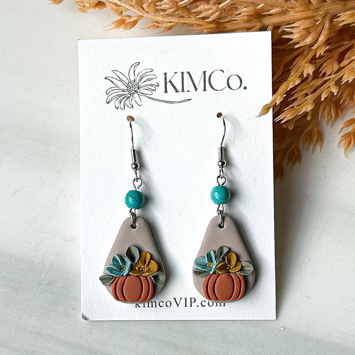 Polymer Clay Earrings - Fall - Floral Pumpkin for wholesale by KIMCo.