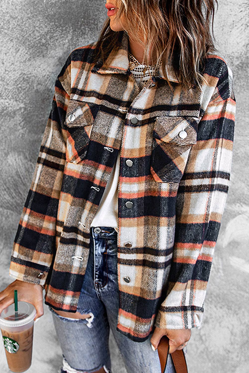 PRETTY BASH - Wholesale Shirt Jacket/Shacket - Women's - Plaid Pocketed Button Front Shacket34