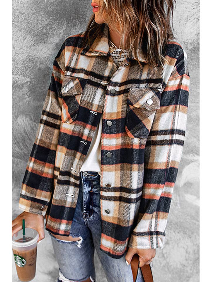 PRETTY BASH - Wholesale Shirt Jacket/Shacket - Women's - Plaid Pocketed Button Front Shacket34