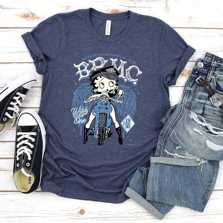 Heather Navy Biker Betty Motorclub T-shirt, Betty Boop Shirt voor groothandel op Faire