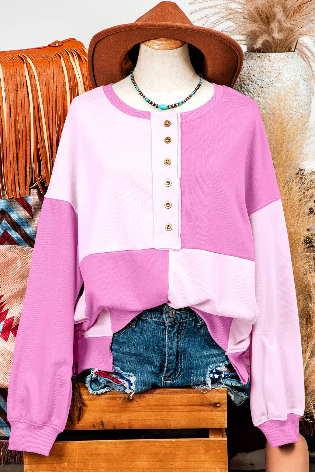 fashionworks - Vente Sweat-shirt – femme - Sweat-shirt oversize haut et bas Henley Colorblock de Fashion-W2