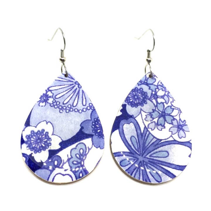 White and Blue Floral Tear Drop Earrings for wholesale by Prettykiku