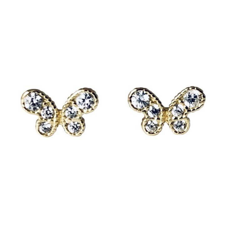 Boucles d'oreilles puces en argent sterling plaqué or avec papillon CZ pour bébé pour la vente par Modern Opus
