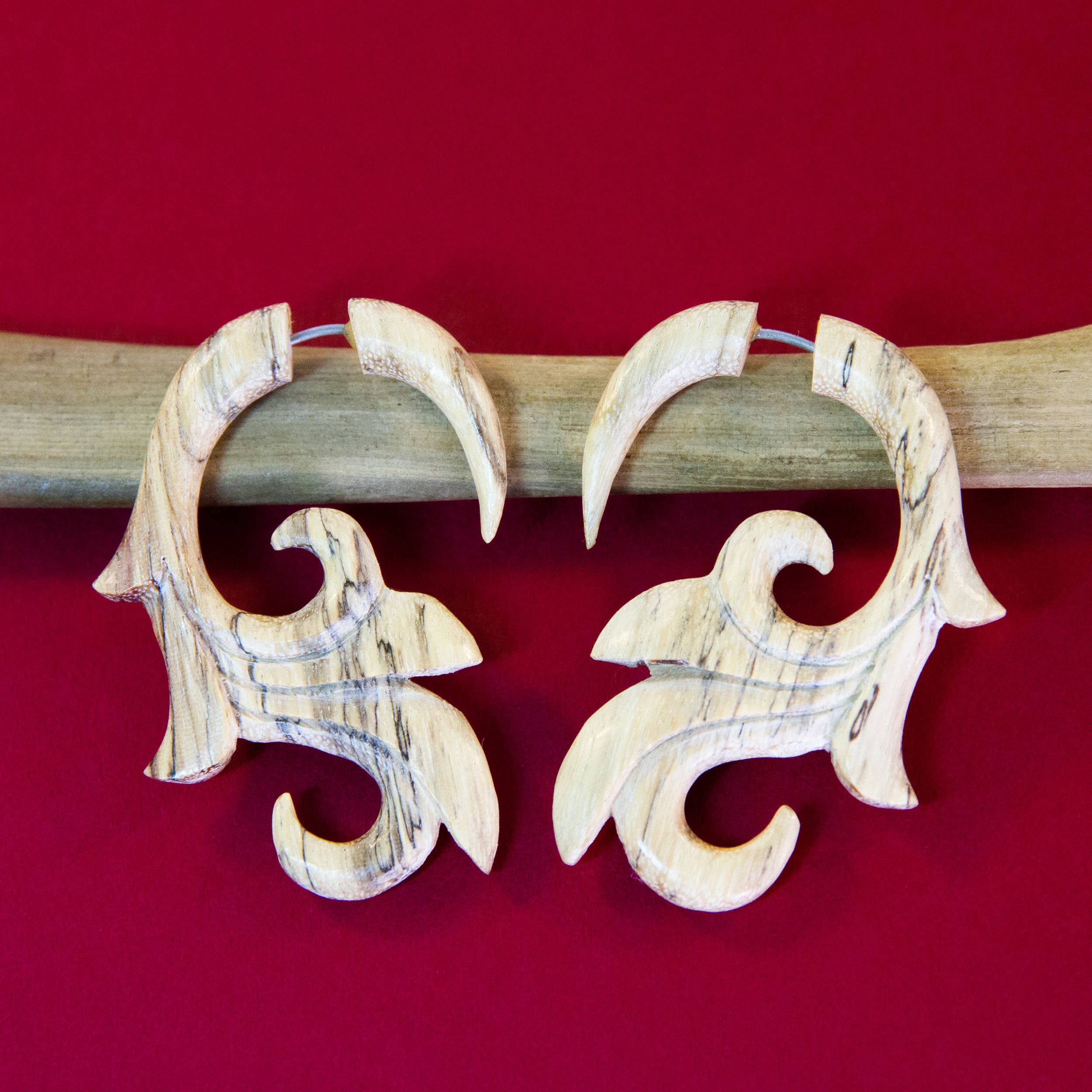 Ajmer by Jodi - Wholesale Dangle Earrings - Wood Fleur de Lis Faux Gauges ~ Fake gauged, carved wood7