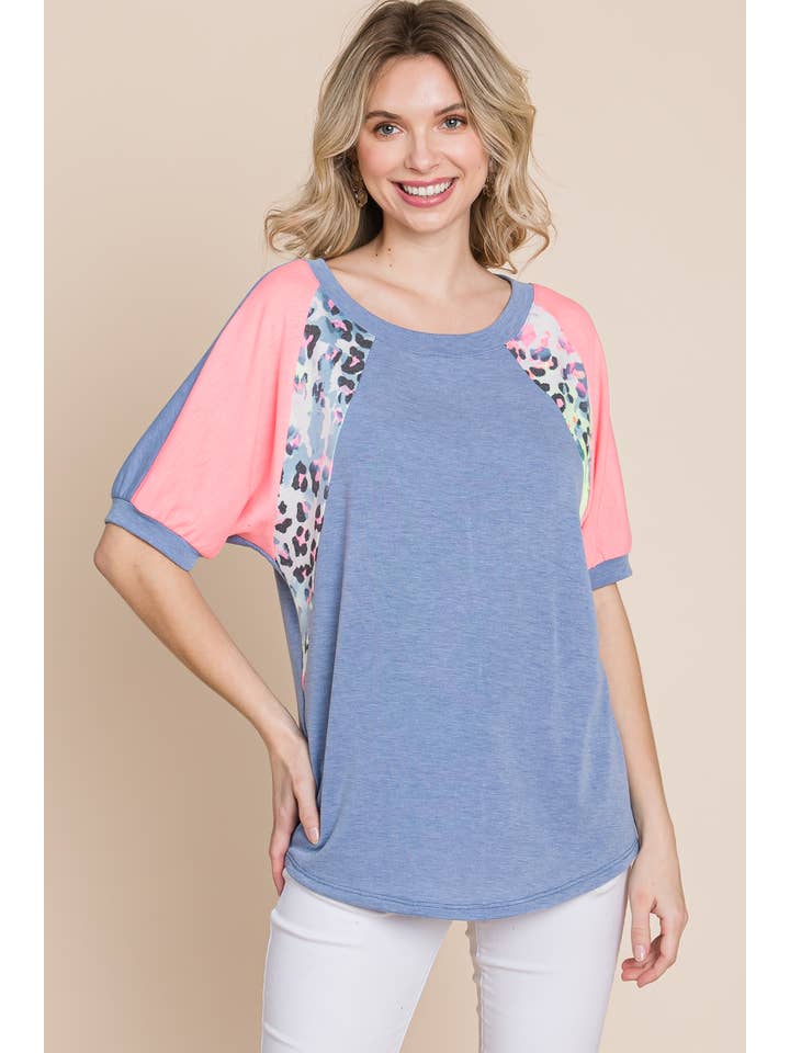 ETK-8752-PL Plus Size Neon Animal Print Contrast Casual Top for wholesale on Faire