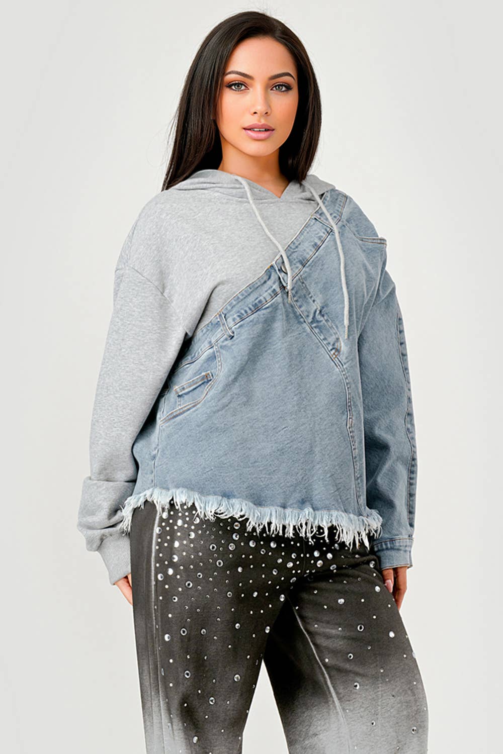 GREY COMBO NT1088A Denim and Hoodie Contrast Top for wholesale on Faire4