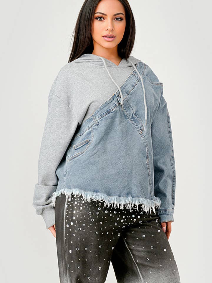 GREY COMBO NT1088A Denim and Hoodie Contrast Top for wholesale on Faire4