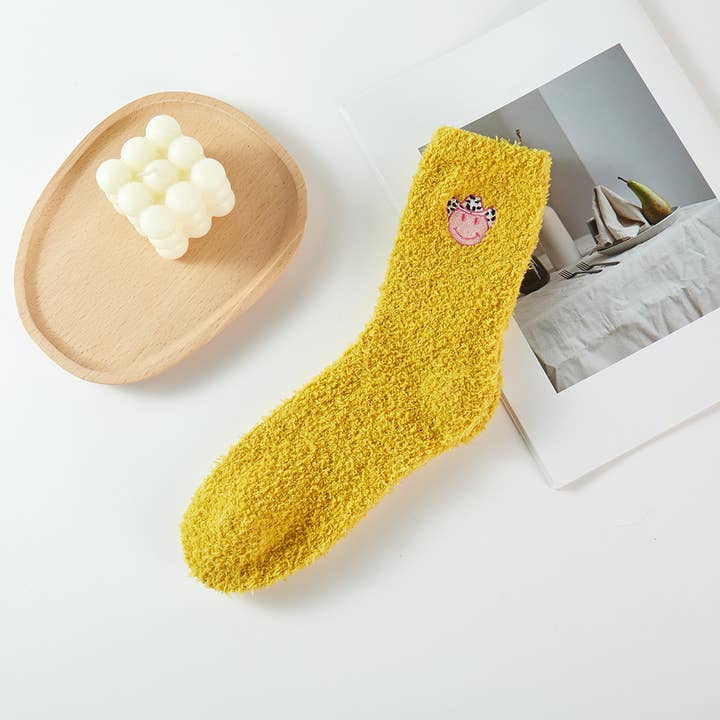ASSORTED COLORS Happy Face w Cowboy Hat Fuzzy Winter Socks for wholesale on Faire6